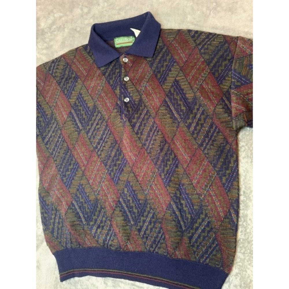 Savile Row Mens Vintage Geometric Diamond Knit Polo Sweater Made in Italy Medium